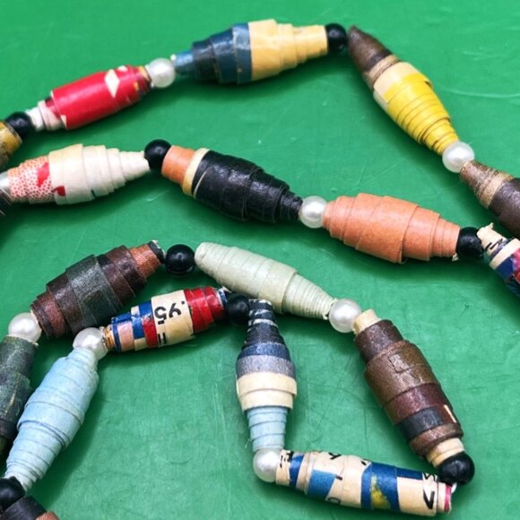 Handmade Rolled Paper Bead Necklace Long Continuous Strand Upcycled Bohemian - Picture 10 of 10